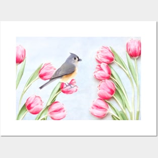 Tufted Titmouse Bird in the Tulip Garden Posters and Art